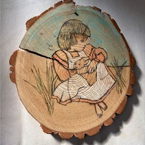 Rustic Wood Slice Art with Girl and Rabbit wall, decor, nursery